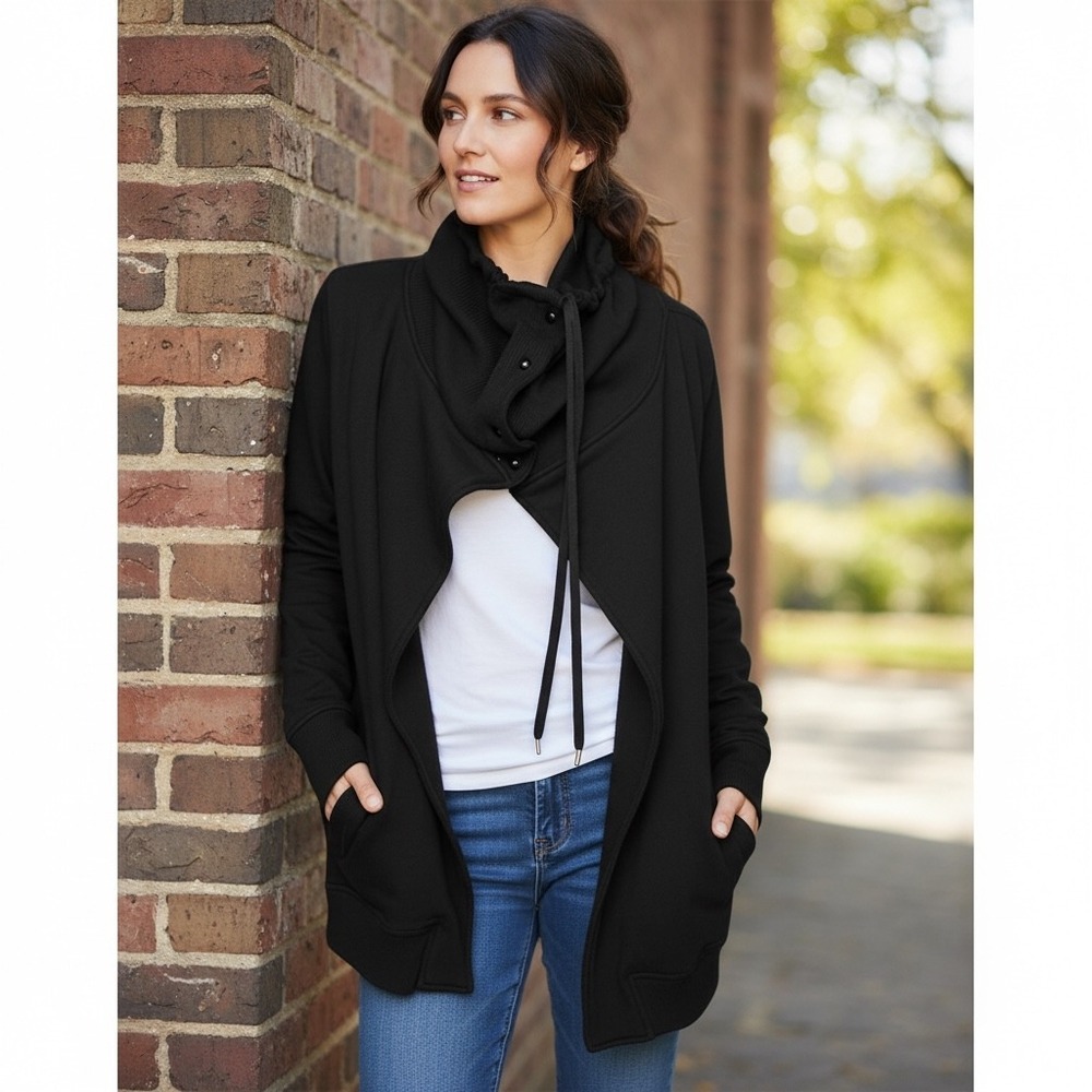 Athleta Black Drape Neck Snap Closure Sweatshirt Cardigan Women's Medium‎